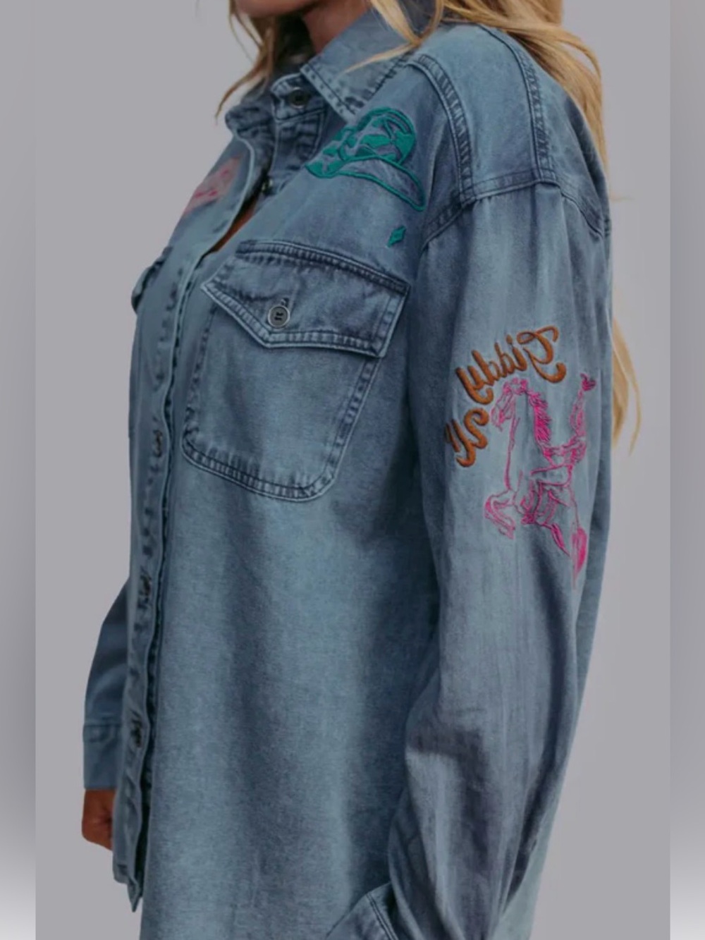 MERIGOLD KISS Embroidered Denim Shirt - Pink & Teal Accents L